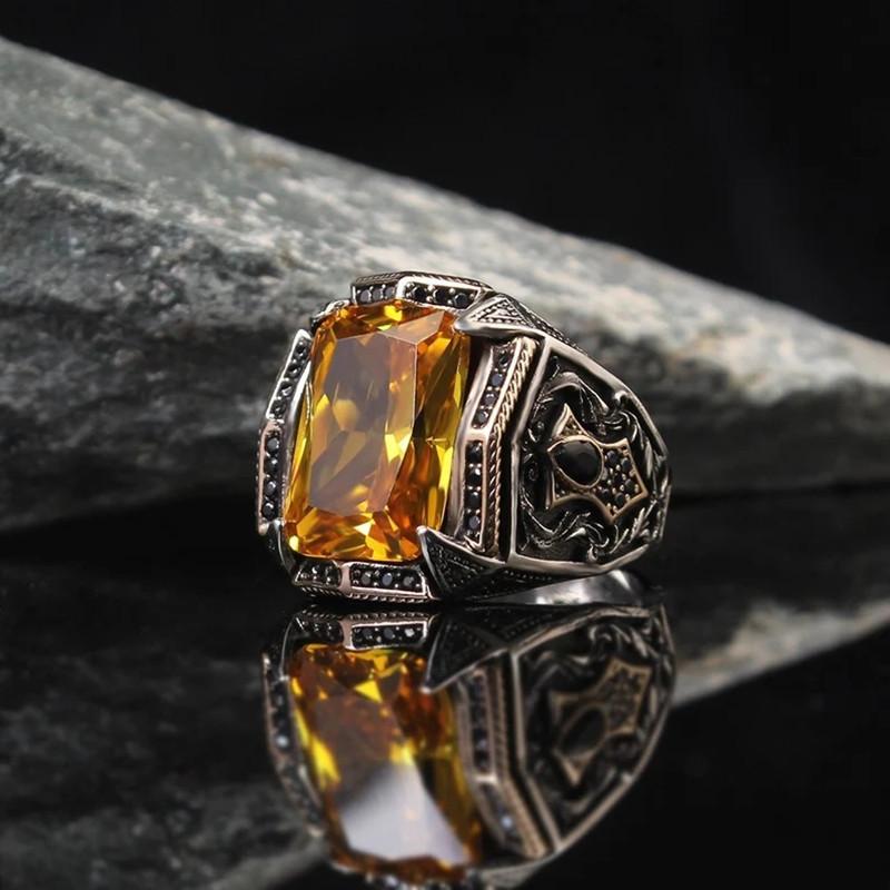 European and American Men's Engagement Ring, Luxury Jewelry, Square Yellowstone, Birthday Gift