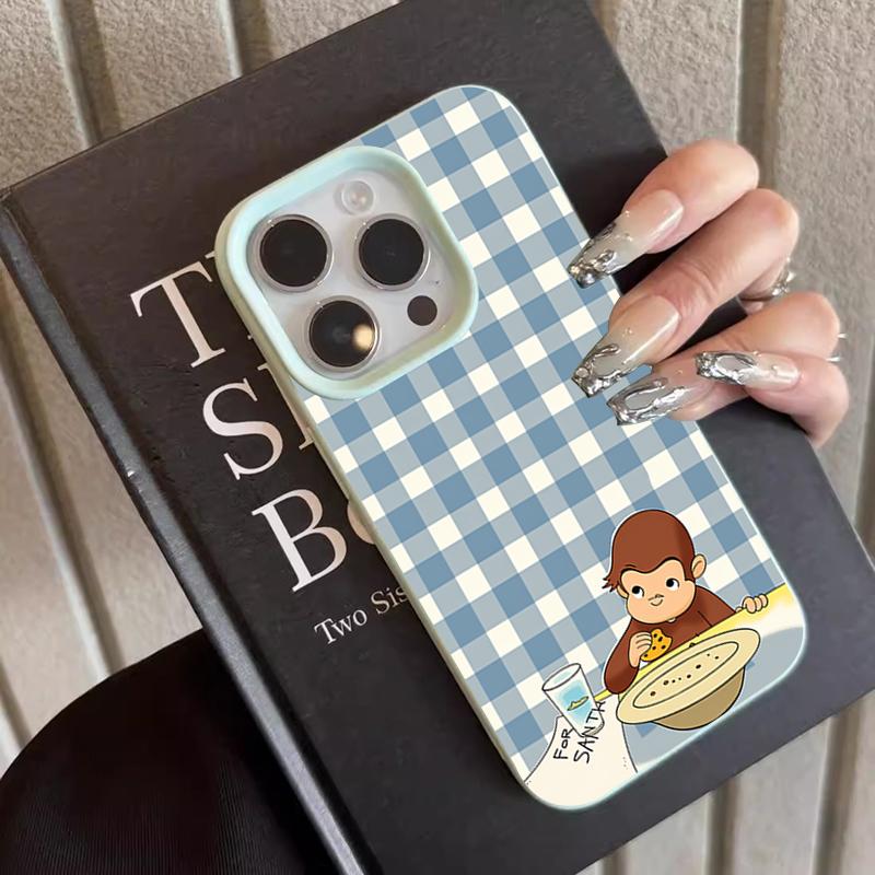 Cute Monkey Blue White Grid Soft TPU Phone Case For iPhone 17 16 15 13 12 11 Pro Max 14 Pro X XR XS MAX 16E 17Air Protect Cases