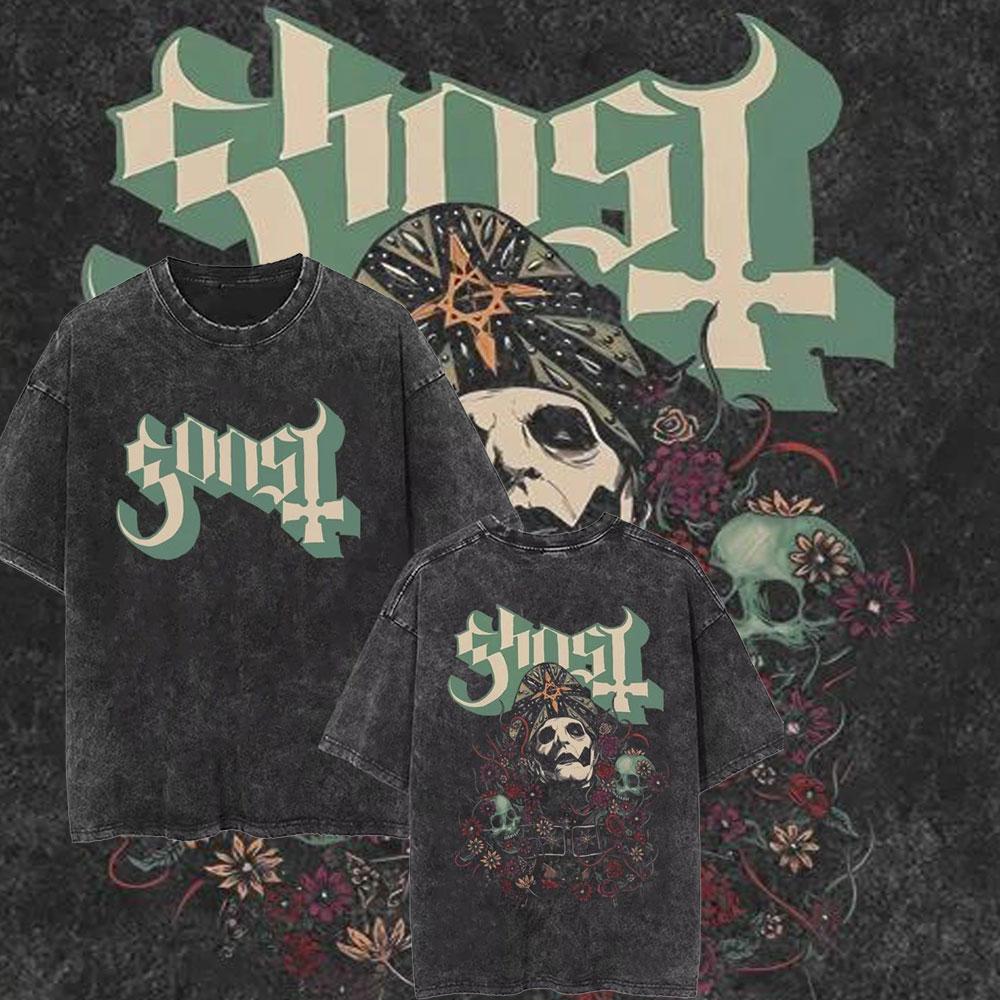 Стирка Винтажная Футболка с Логотипом Ghost Мужская Женская Летняя Оверсайз Футболка Мужская 90-х Готическая Уличная Одежда Мужчины Женщины Рок Металл Музыка Футболки