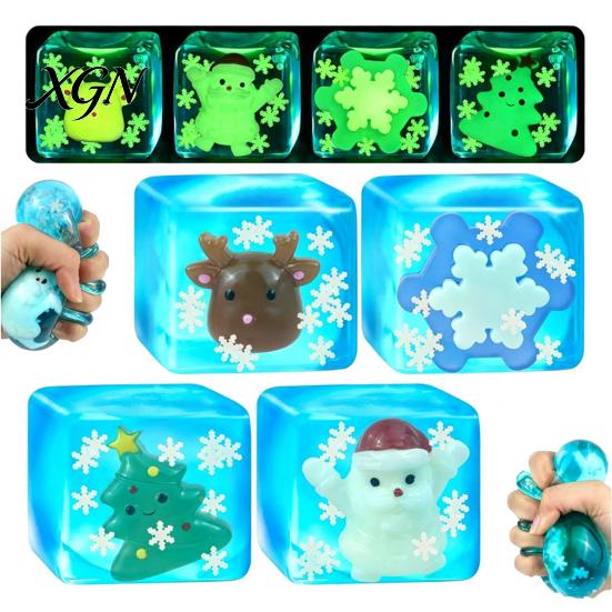 Reindeer Squeeze Toy Glow-in-the-Dark Christmas Stress Cube, Santa Tree Snowflake Party Favors Relief Toy, Sensory for Adults Kids
