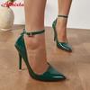 Aphixta Темно-зеленые туфли-лодочки на шпильке 12 см, роскошные кристаллы, пряжка на ремне, супервысокие туфли для вечеринок, женская обувь, острый носок, большой размер 35-50