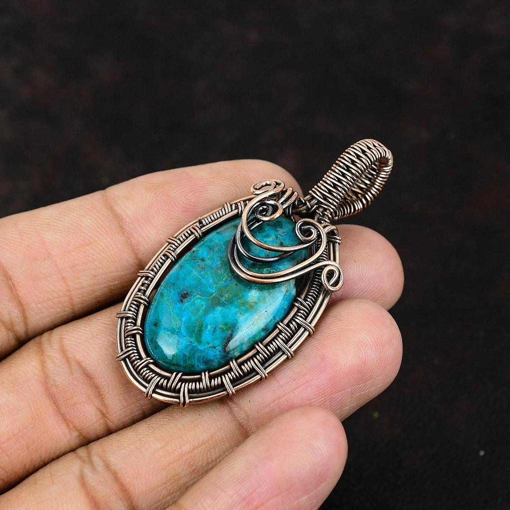 Кулон из хризоколлы, кулон с драгоценным камнем, кулон из медной проволоки, медные украшения, женский кулон ручной работы, подарок для него, подарок из хризоколлы для мамы
