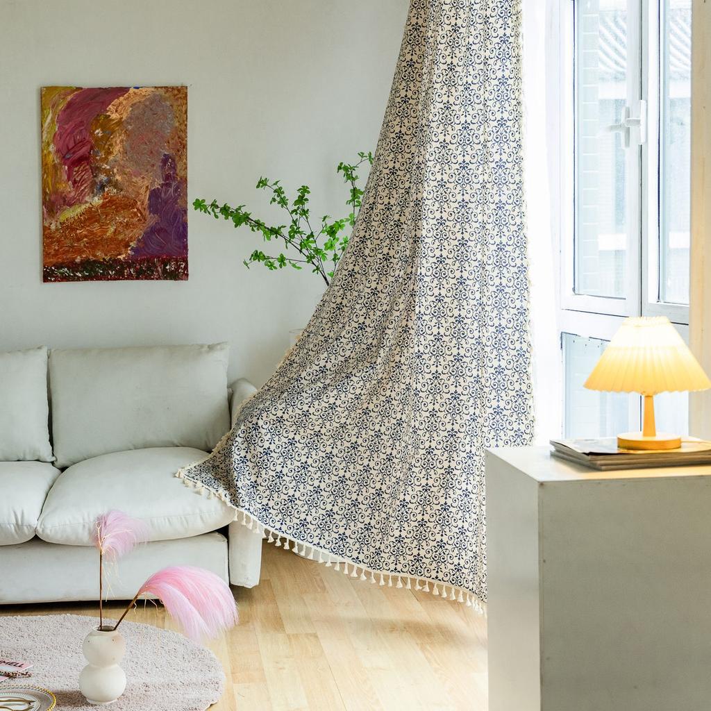 Curtain Finished Coffee Short Curtain Small Window Shame Half Curtain Blue Printed Curtain