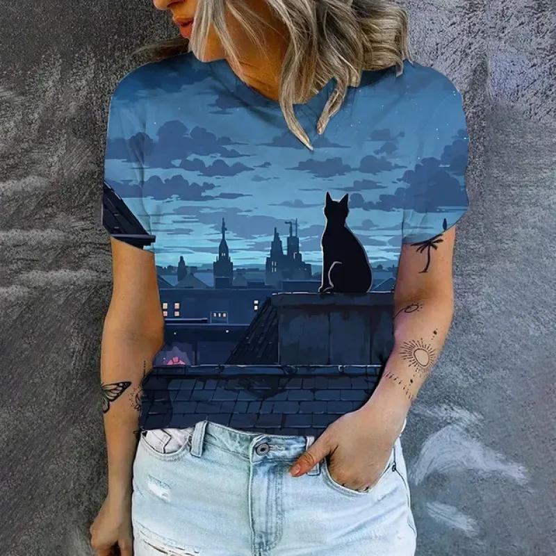 Cute Cat Print High Quality Short Sleeve Street Fashion Loose Round Neck T-shirt Summer New Casual Comfortable Women's T-shirt