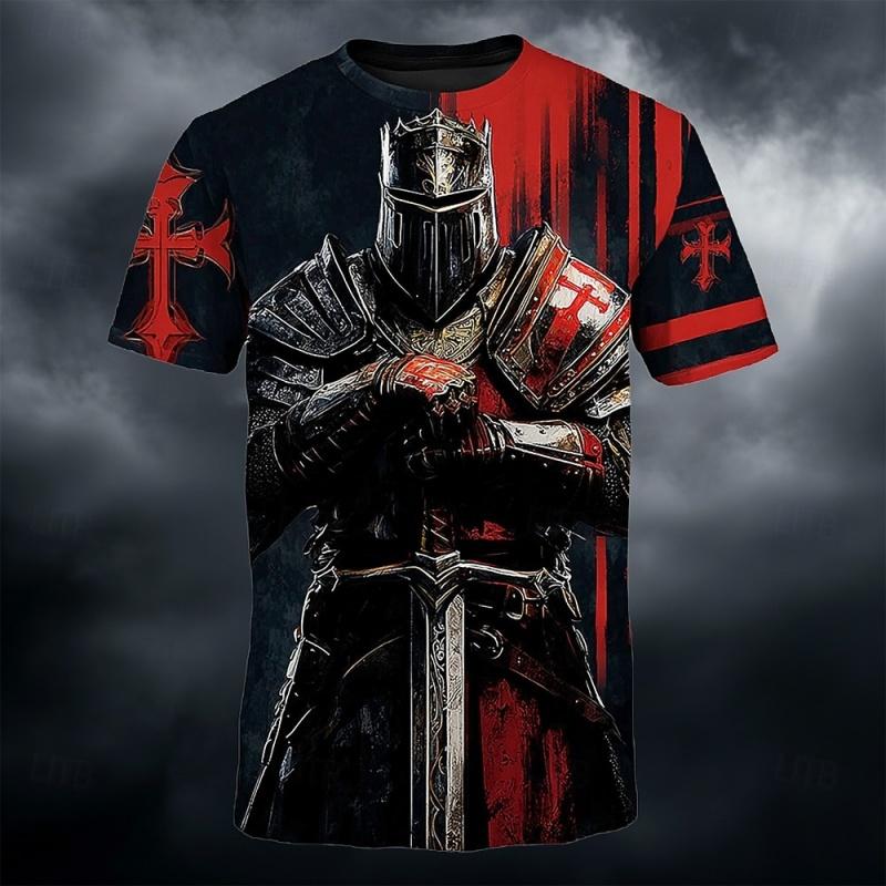Templar Warrior 3D Printed T-shirt with Medieval Pattern Short Sleeve Top for Summer Men's Casual Street Round Neck Clothing