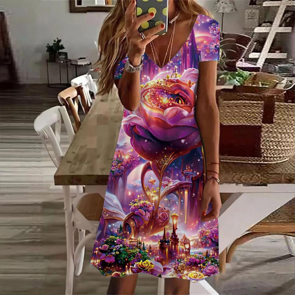 Summer Fashion Women's V Neck Short Sleeve Flower Printed Dress Sex Short Skirt Dresses