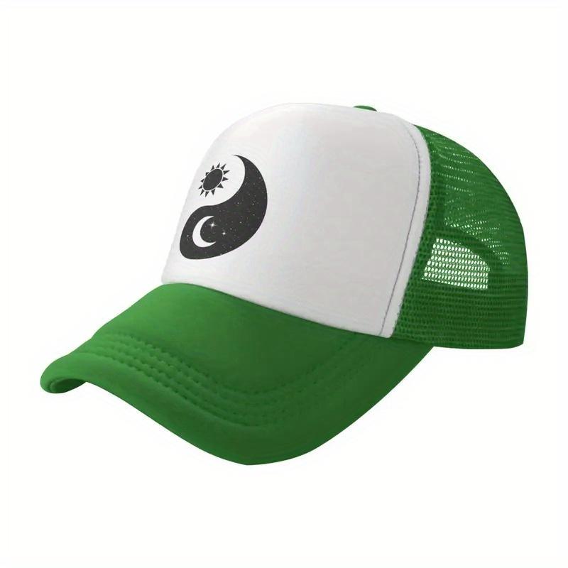 Yin Yang Sun Moon Graphic Trucker Hat Green White Adjustable Unisex Baseball Cap Casual Outdoor