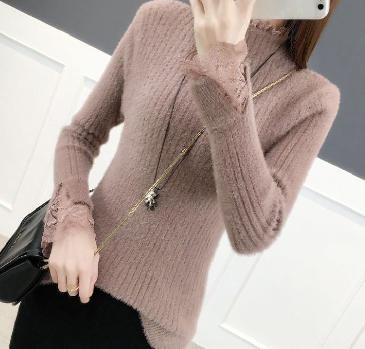 Свитер с воротником из искусственного норкового флиса, женский модный кружевной лоскутный пуловер, эластичная узкая вязаная нижняя рубашка