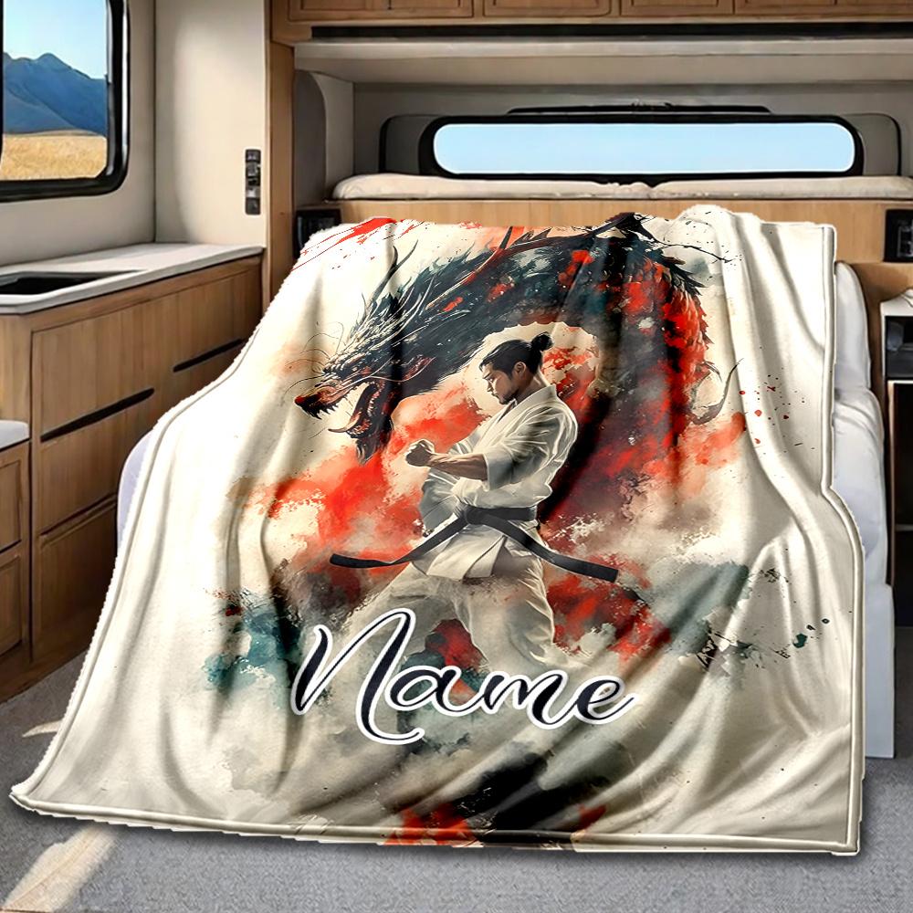 Dragon Warrior In Martial Arts Pose Blanketcustomizable With Your Namecomfortable And Stylish Perfect For Travel Beds Chairs Offices Sofas