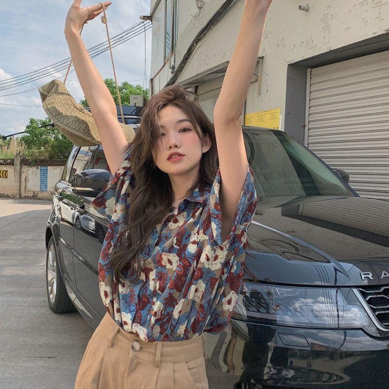 Ladies Summer Floral Short Sleeve Shirt Loose Beach Shirt