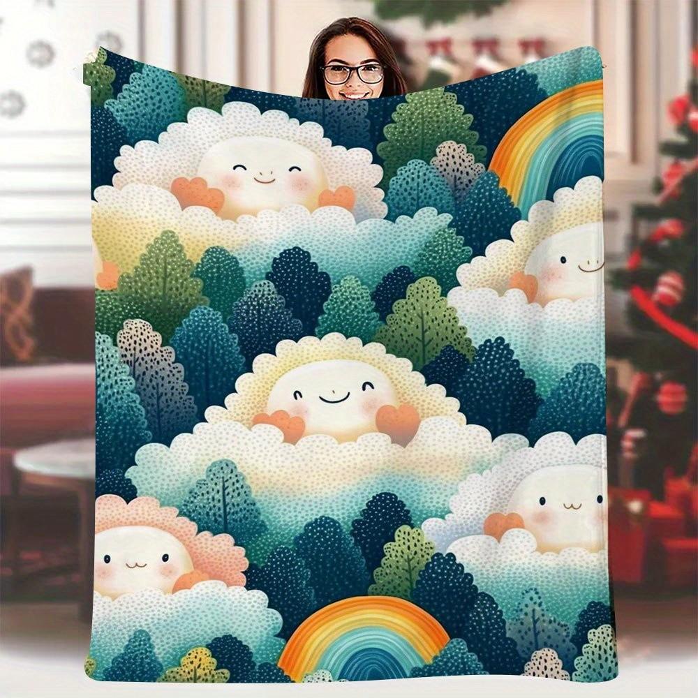 Cute smiling cloud-patterned flannel blanket, suitable for all seasons. Perfect for camping, traveling and household use
