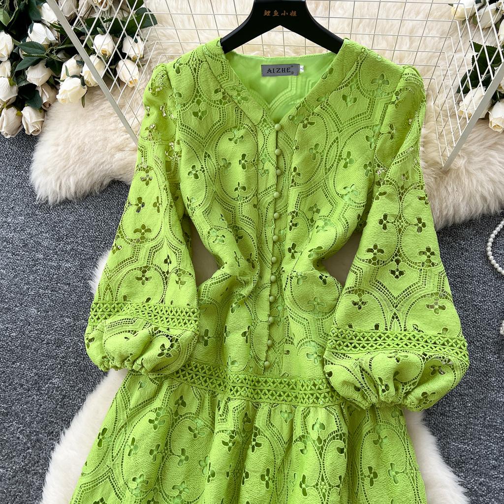 Весна-лето Женские V-образные вырезы с рукавами-фонариками Вышитые кружевные длинные макси вечерние платья