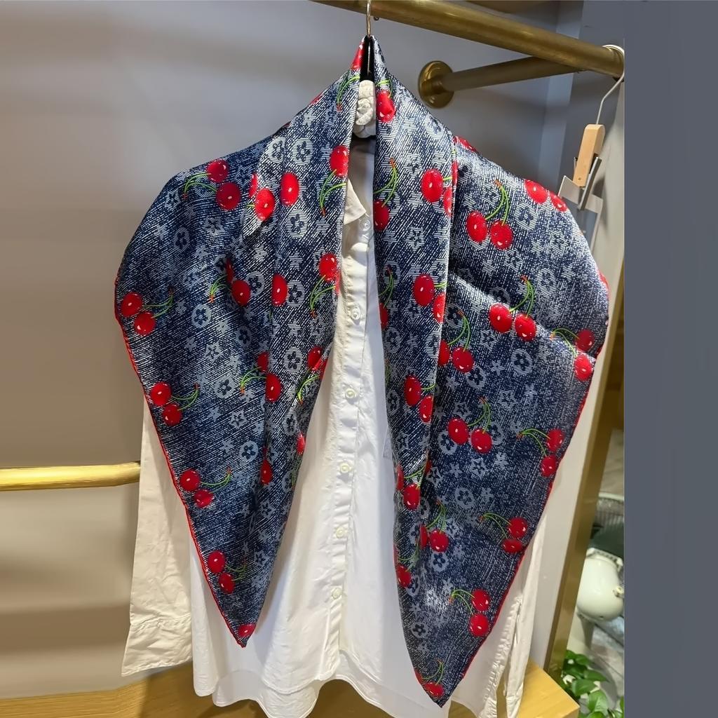 Navy Blue Red Women Pure Silk Scarves Hijabs Elegant Cherry Design 100% Mulberry Silk Square Neck Scarf Shawl 86*86cm