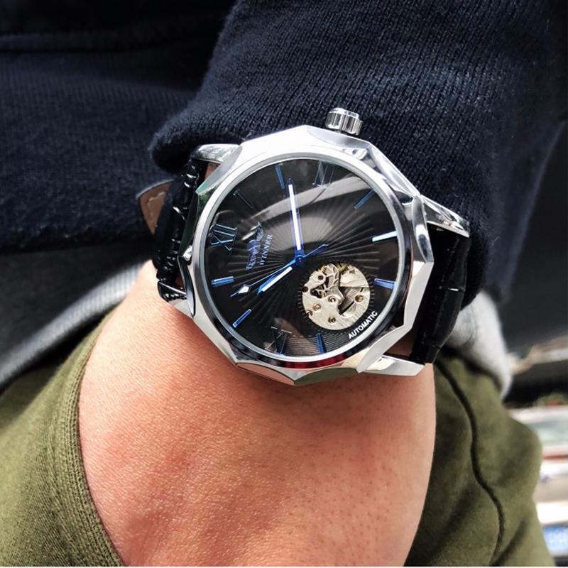 WINNER Синий океан, геометрический дизайн, прозрачный скелетонизированный циферблат, мужские часы, лучший бренд, роскошные автоматические модные механические часы