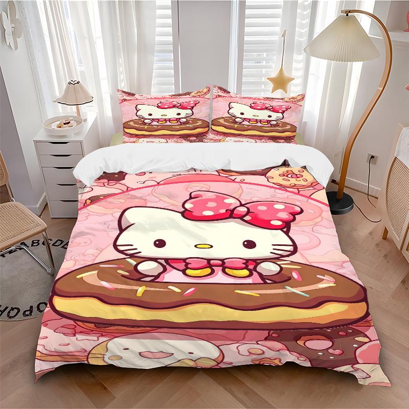 3pcs Sweet Hello Kitty Doughnut Delight Quilt Cover Set - Soft and Cozy Bedroom, Guest Room and Dorm Decorative Bedding 3-Piece Set 1 Quilt Cover