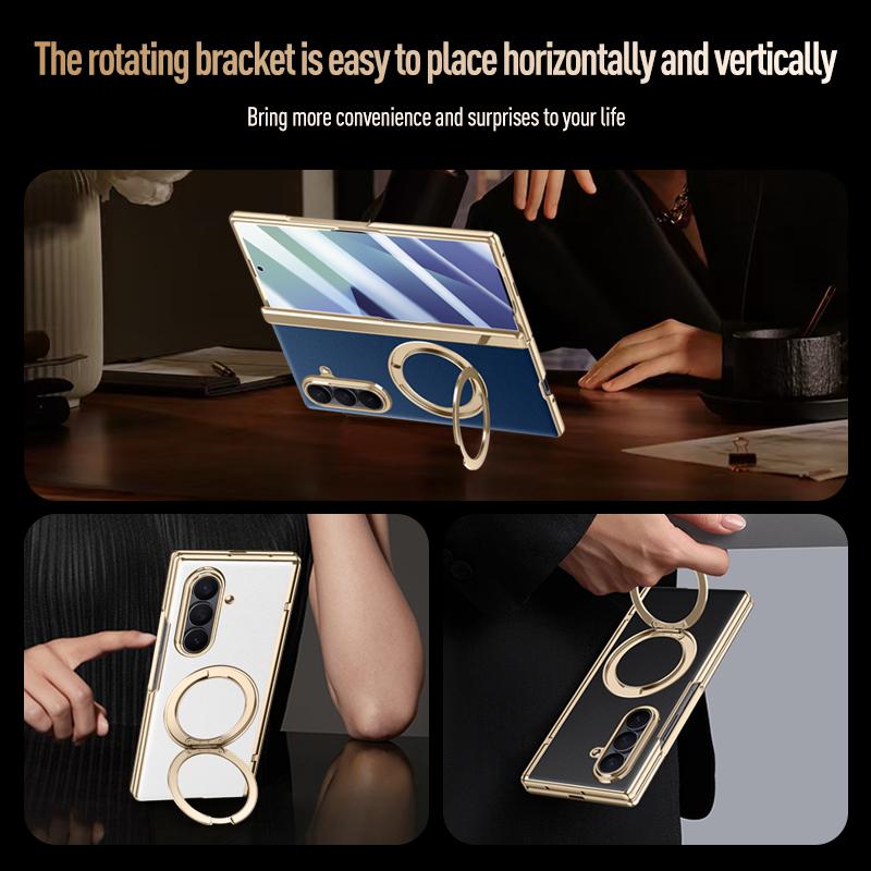Для Samsung Galaxy Z Fold 7 Кожаный 360° Поворотный Держатель Магнитное Закаленное Стекло Передняя Пленка Противоударный Отпечатки Пальцев Чехол для Телефона