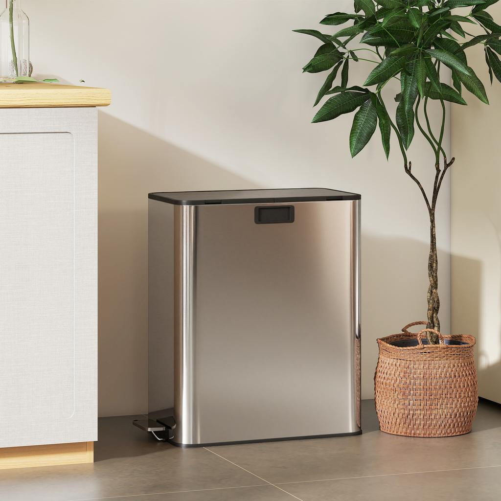 Dual Kitchen Bin with Soft-Close Butterfly Lid, 2 x 28L Stainless Steel Pedal Bin with Removable Inner Buckets