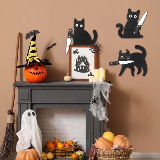 3Pcs/Set Holding Cutter Black Cat Decoration Farmhouse Rustic Wooden Halloween