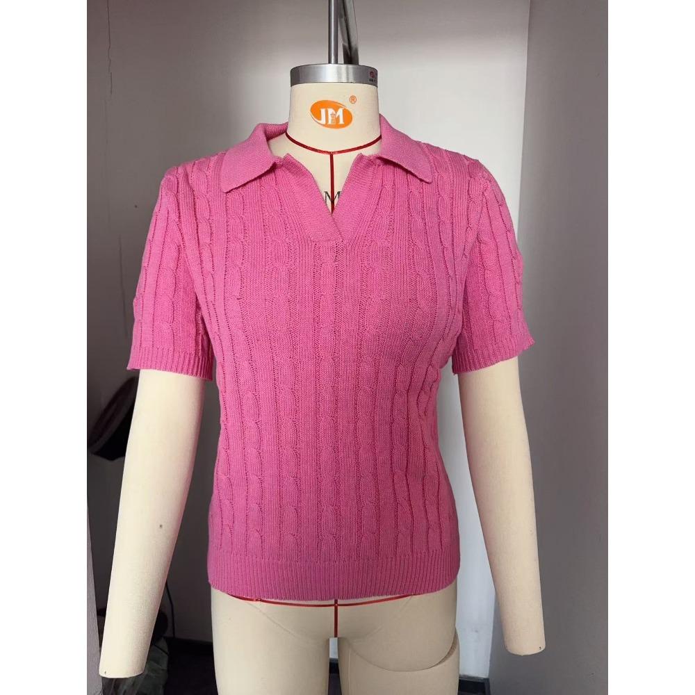 Summer Women's Short Sleeve Lapel Stranded Flower V-Neck Knitted Pullover Sweater