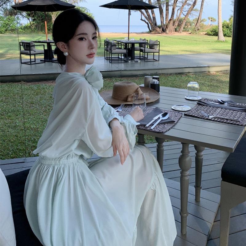 Французский темперамент Высококачественное платье для отпуска с воротником-бандо Мятно-зеленое Весна-Лето Защита от солнца