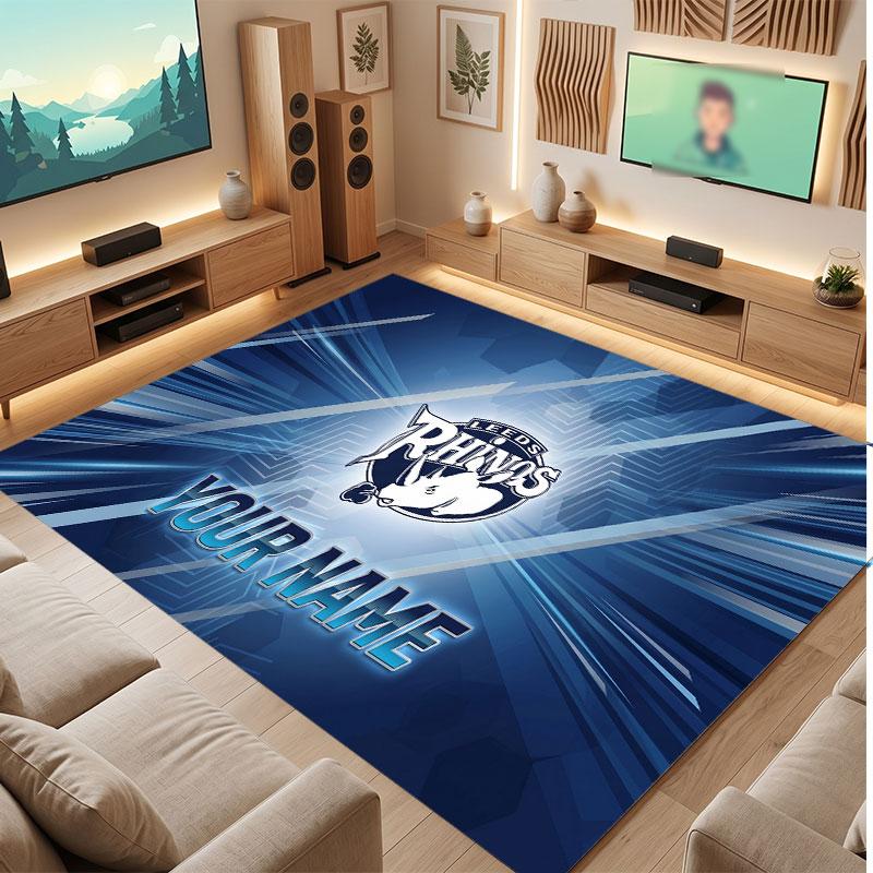 Leeds Rhinos Personalized Crystal Velvet Carpet, Customized Name Text Soft Anti‑Slip Rug for Living Room Bedroom