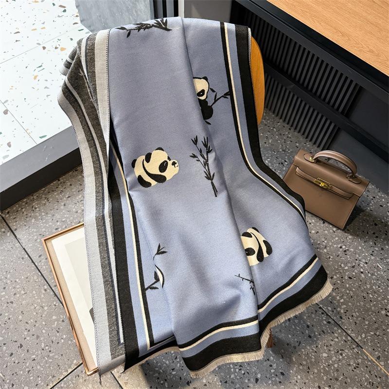 Original Panda Cartoon Pattern Simple and Versatile Warm Pink and Blue Scarf Women Wear Long Scarves In Winter