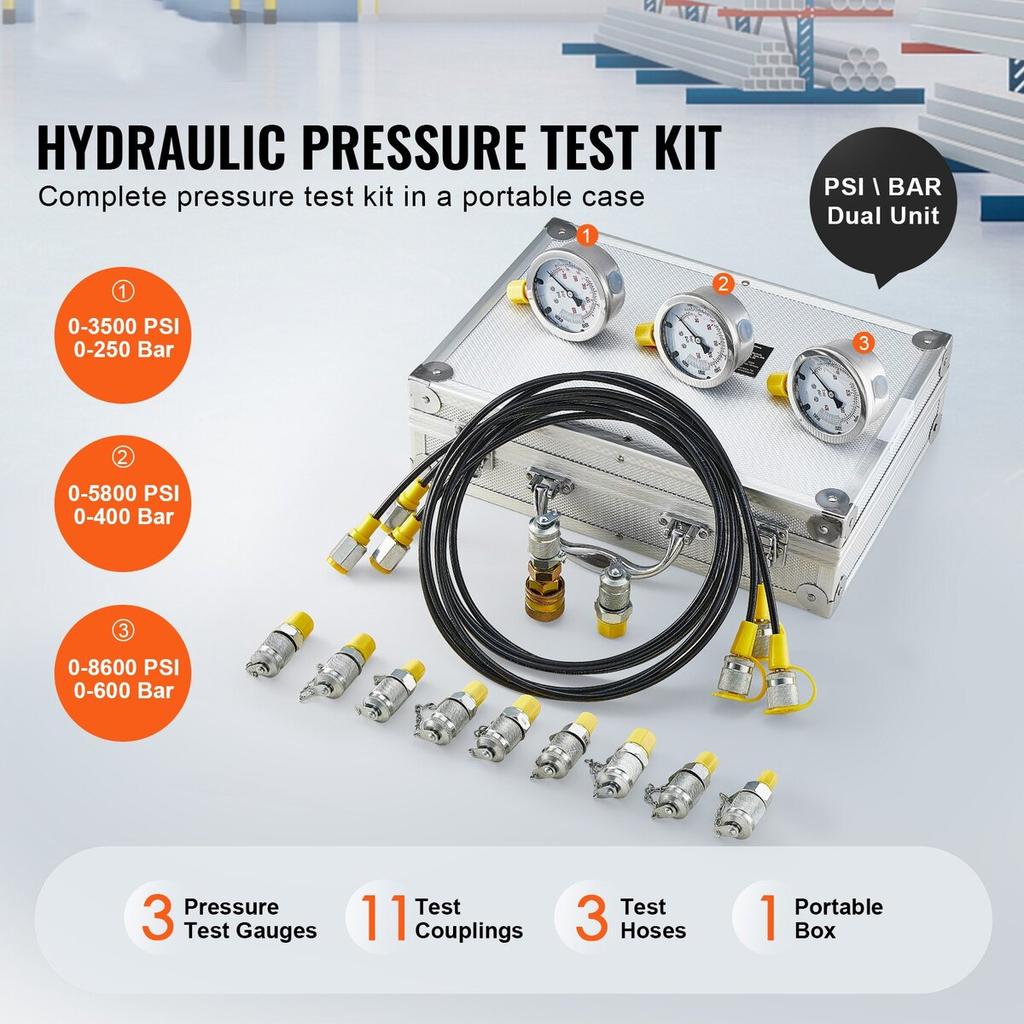 Hydraulic Pressure Test Kit, 250/400/600bar, 3 Gauges 11 Test Couplings 3 Test Hoses, Excavator Hydraulic Test Gauge Set with Portable Carrying Case