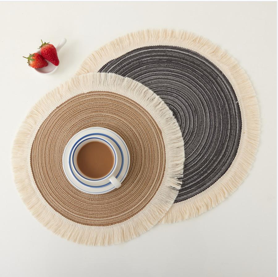 Nordic Ramie Western Food Mat Bowl Mat Tea  Tassel Edge Cotton Yarn Insulated Vegetable  Plate  Round Meal Mat 5pcs