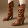 Женские сексуальные одинарные сапоги, кожаные сапоги со складками, высокие каблуки
