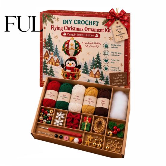 Hand Knitted Hot Air Balloon Ornaments Christmas Crochet Kit, Hanging Ornament DIY Craft Set Festive Kit for Adults, Handmade Tree Decoration Starter