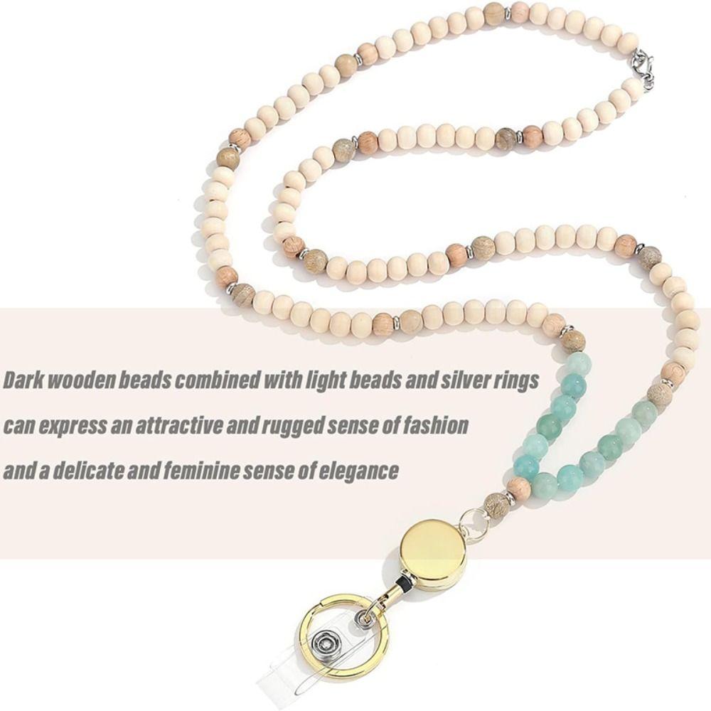 Multi-function Lanyards for ID Badge Keys 8mm Natural Beads Retractable Lanyards Id Badge Holder
