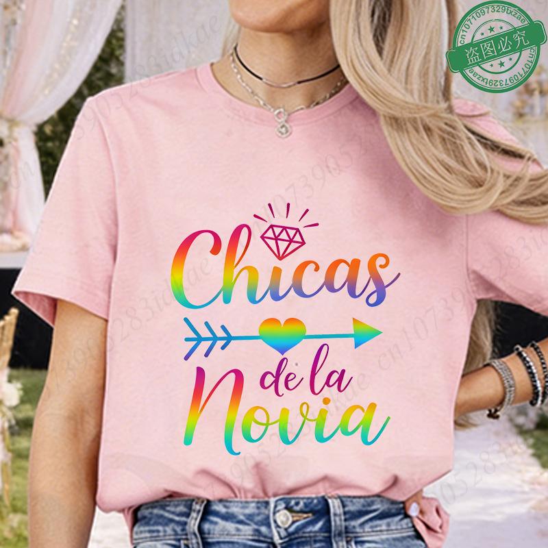 Spanish Girl Bachelorette Party T-Shirts, Rainbow Diamond Heart Arrow Graphic Tees for Bridal Shower, Team Bride Tribe Blouses