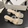 High-heeled Slippers Women's Summer Outer Wear 2025 New Transparent Rhinestone One-word Crystal Thick-heeled Cool Slippers