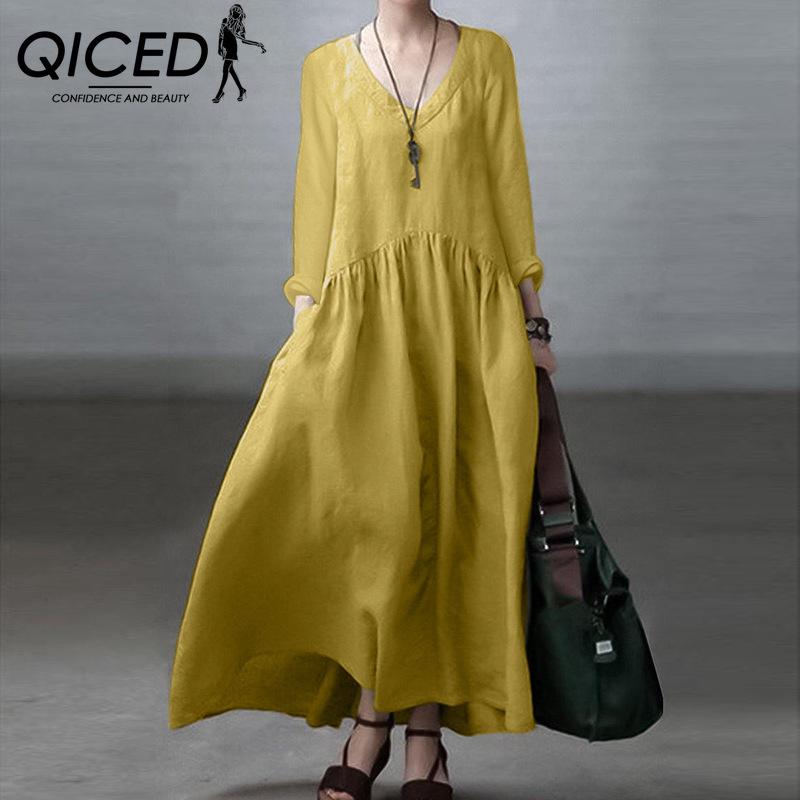 QICED Хлопковое повседневное женское платье с V-образным вырезом и длинным рукавом повседневные платья