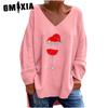 Autumn Winter Women's Solid Color V-neck Long Sleeve Loose Casual Comfortable T-shirt Top High Footed Cup Pattern