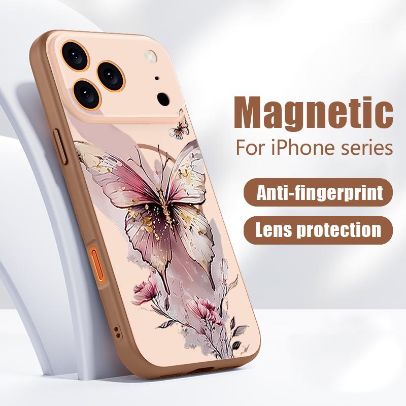 Чехол с акварельным узором «Розовая бабочка» для iPhone 17 Pro Max Магнитный для Magsafe Покрытие с ощущением кожи для iPhone 16 15 14 13 Pro Max