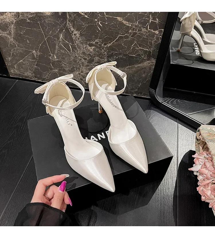 Новые белые свадебные туфли с лентой в одну линию, милые свадебные туфли с бантом на большом каблуке
