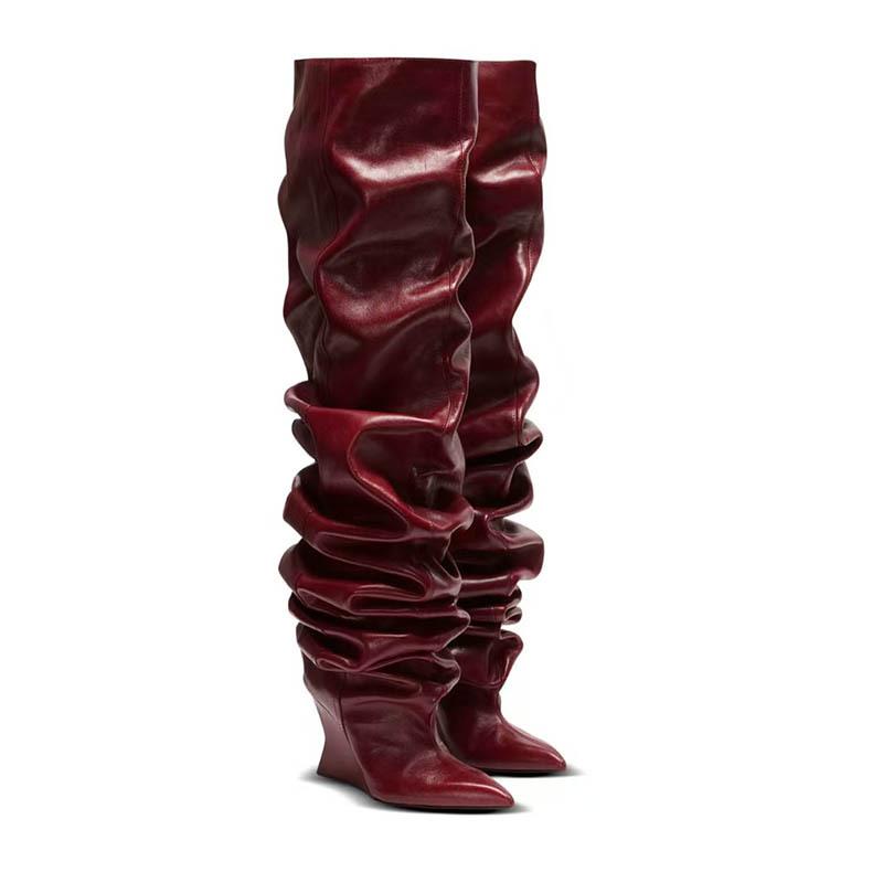 Женские клинья с острым носком, ботинки со складками, кожаные ботфорты, классические сексуальные женские туфли на высоком каблуке, короткие ботинки для женщин