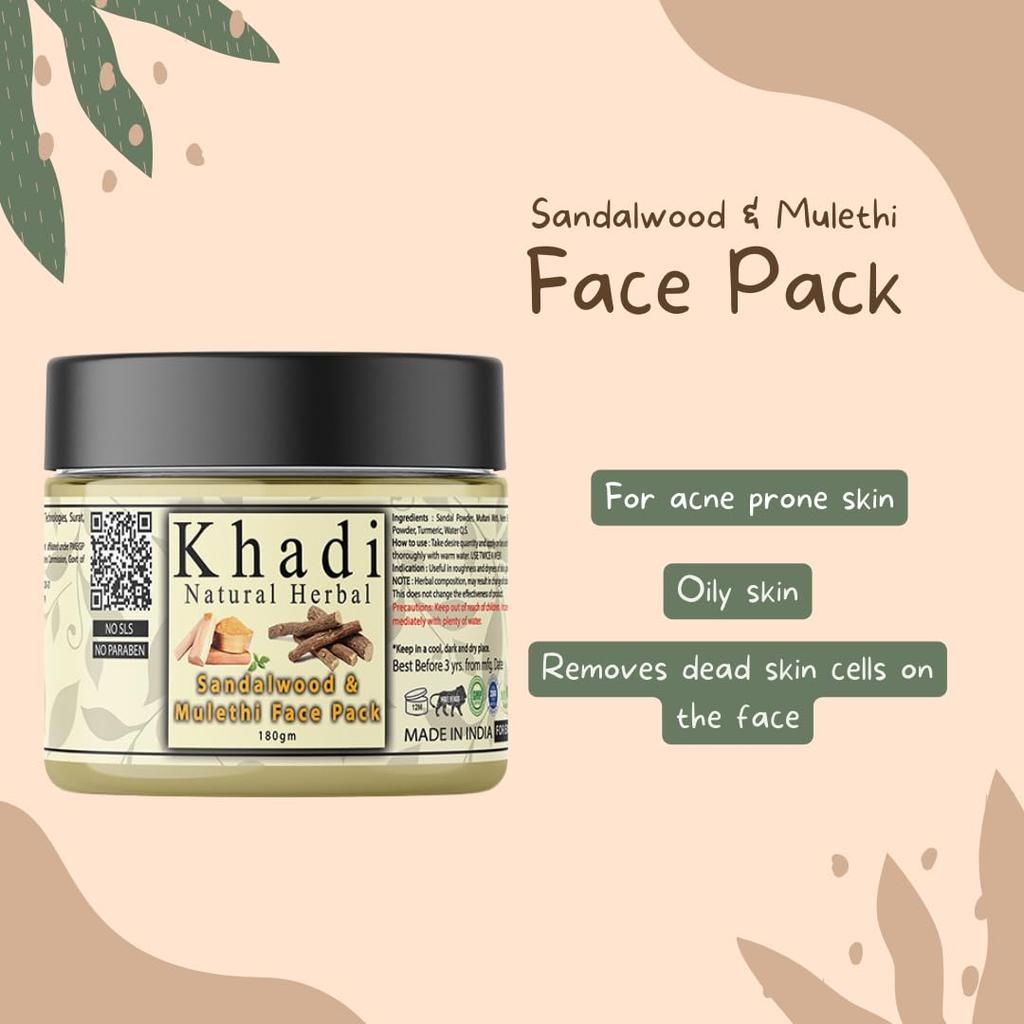 Khadi Natural Herbal Sandalwood Face Pack 180 g For Brightening Glow Oil Control All Skin Types SLS Paraben Free