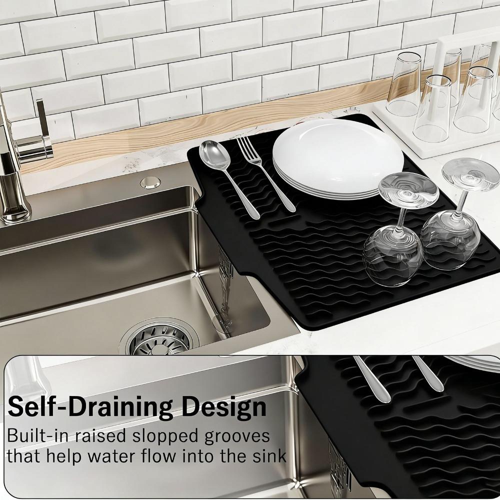 Silicone Dish Drying Mat Built-in Drain Kitchen Counter Pad Durable Drain Pad Kitchen Countertop