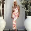 Women Sexy Sling Dress Suspender Style Sleeveless Long Dress Flower Print Backless Hip Wrapped Party Dress