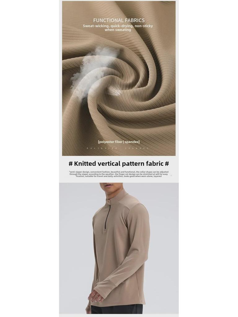 Мужской быстросохнущий пуловер для бега Dijia: С длинным рукавом, воротник-стойка, застежка-молния до середины, защита пальцев для фитнес-тренировок.