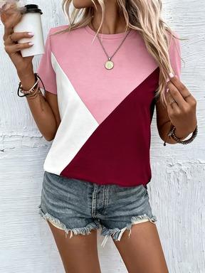 Women's Color Block Short Sleeve T-Shirt Casual Crew Neck Summer Tee Shirt