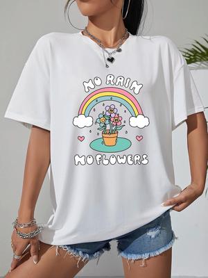 Женская футболка большого размера с надписью No Rain No Flowers, летние белые футболки с короткими рукавами, топы Y2k, хлопковые футболки в стиле хип-хоп