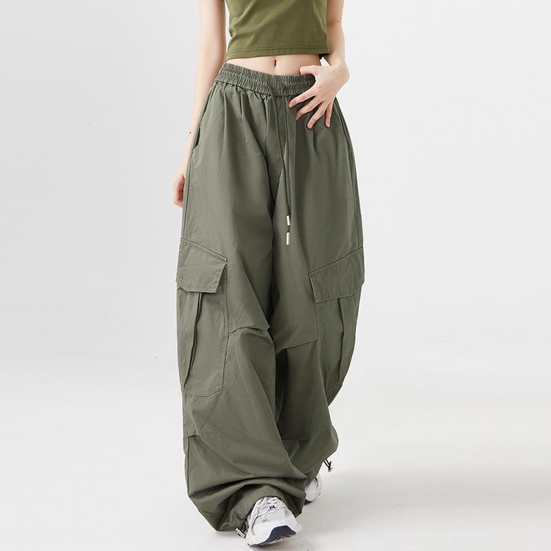Women Big Pockets Cargo Pants Y2k High Elastic Waist Drawstring Baggy Trousers Vintage Casual Loose Wide Leg Straight Pants