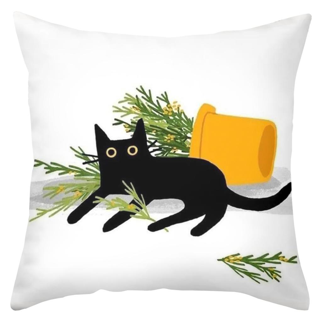 Black Cat with Potted Plants Pattern Decorative Throw Pillow Cover Printed Polyester Sofa Cushion Case for Cute Pet Home Decor