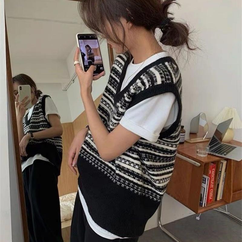 Пуловер-свитер, женский жилет 2023, винтажный вязаный жилет, женский осенний свободный жилет с v-образным вырезом и свободным полосатым жилетом без рукавов