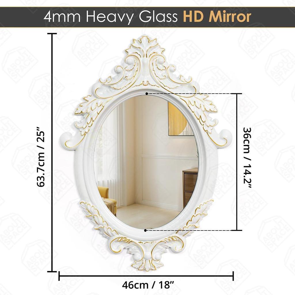 Настенное зеркало для ванной комнаты с изысканным дизайном, овальной формы, винтажный настенный декор для ванной комнаты, спальни, туалетного столика, прихожей (Белый, Золотой - В 64 x Ш 46 см)