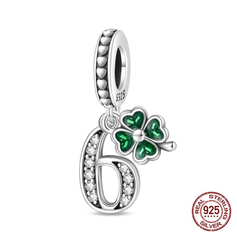 100% 925 Silver Green Zircon Lucky Number Pendant Suitable for Original 925 Women Bracelet DIY Jewelry Making Gift