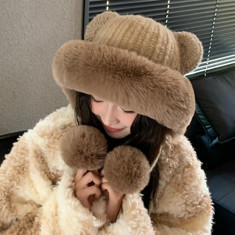 Осенне-зимняя шапка Женская модная плюшевая шапка с медвежьими ушками Защита от холода Защита ушей Флисовая теплая шапка